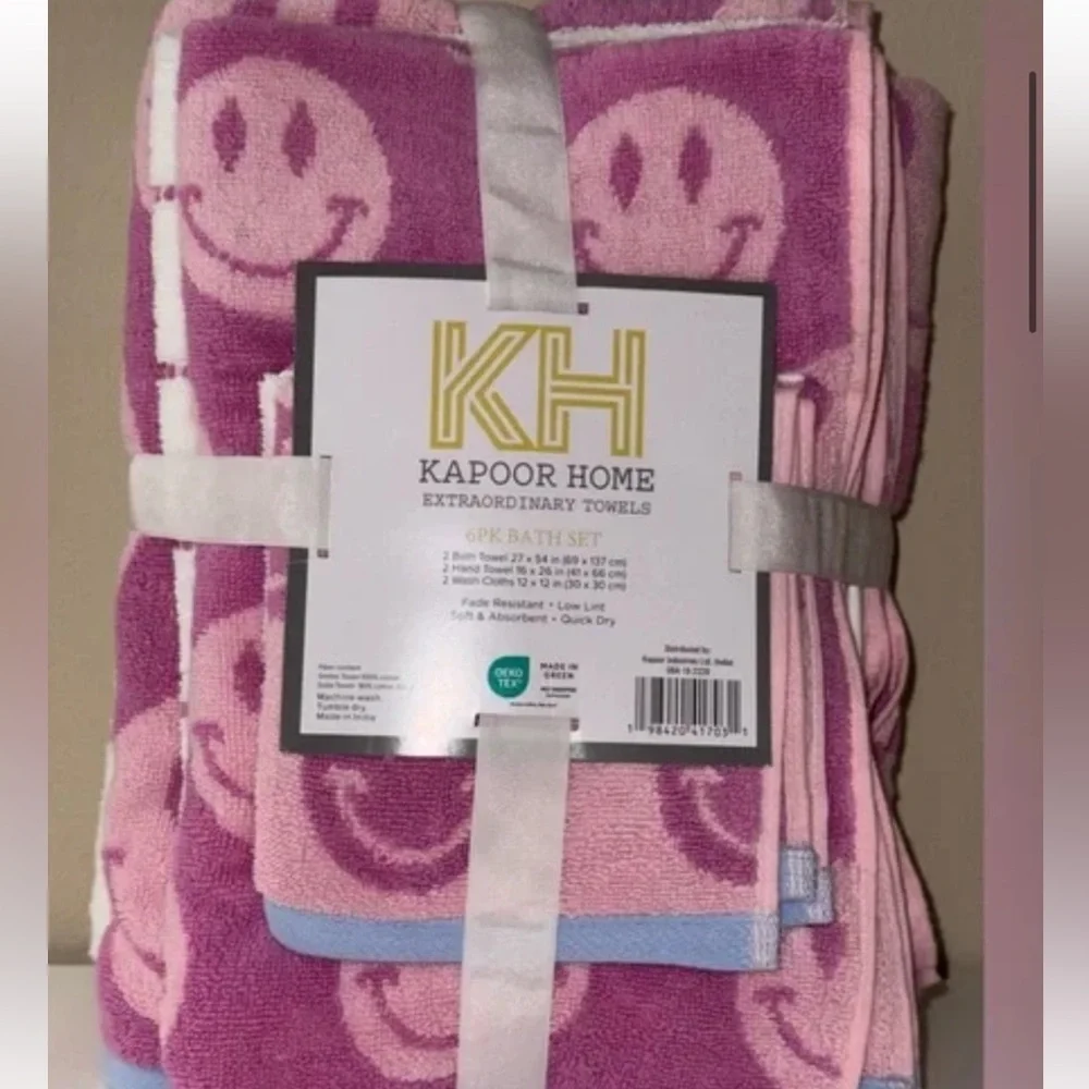 Kapoor Home Pink & White Smiley Faces Bath Towel 6 Piece Set